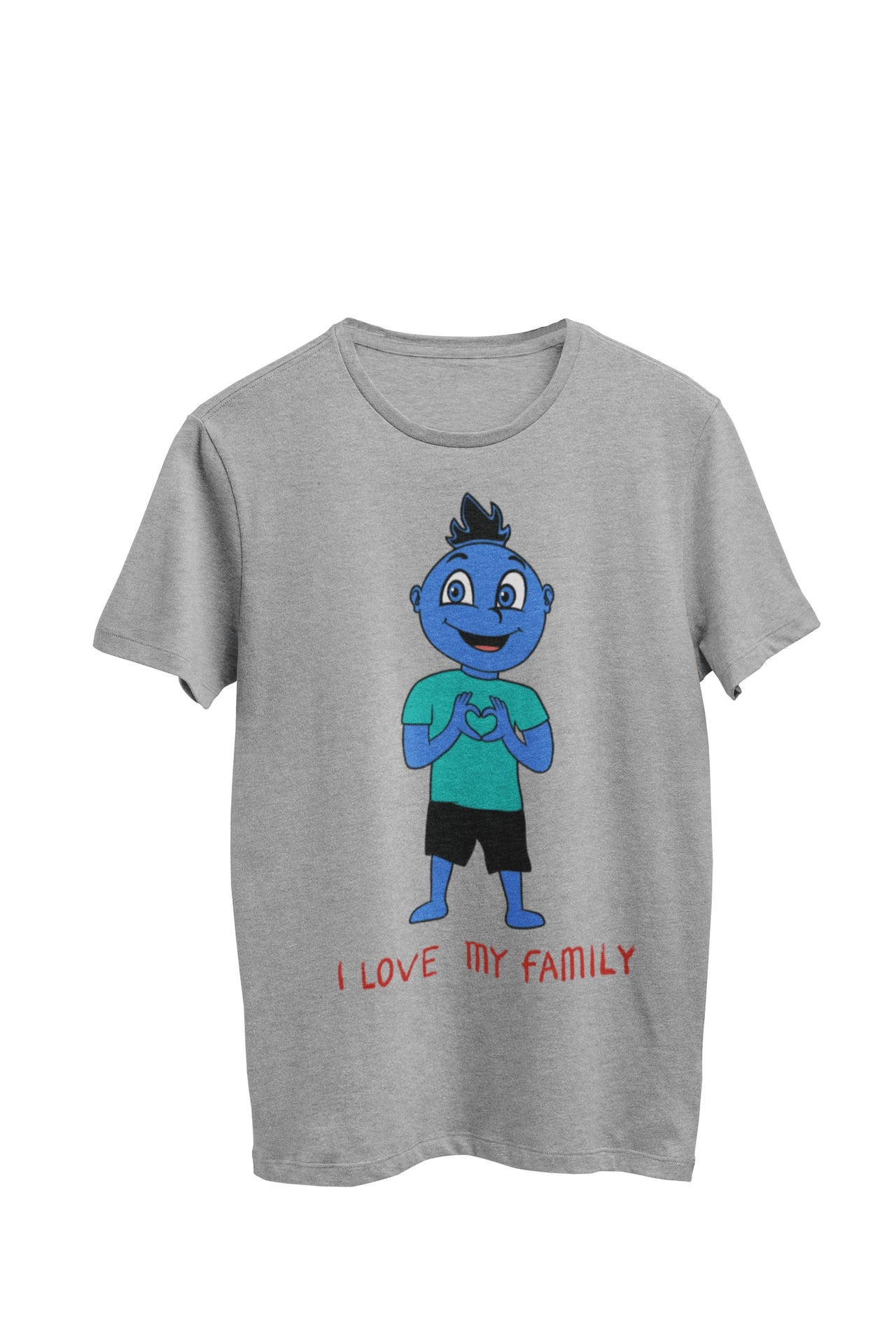 WooHooBerry expressing love for family with a heart symbol formed by hands, a gray T-shirt. A heartfelt gesture capturing the sentiment 'I love my family'
