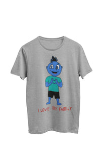 Thumbnail for WooHooBerry expressing love for family with a heart symbol formed by hands, a gray T-shirt. A heartfelt gesture capturing the sentiment 'I love my family'