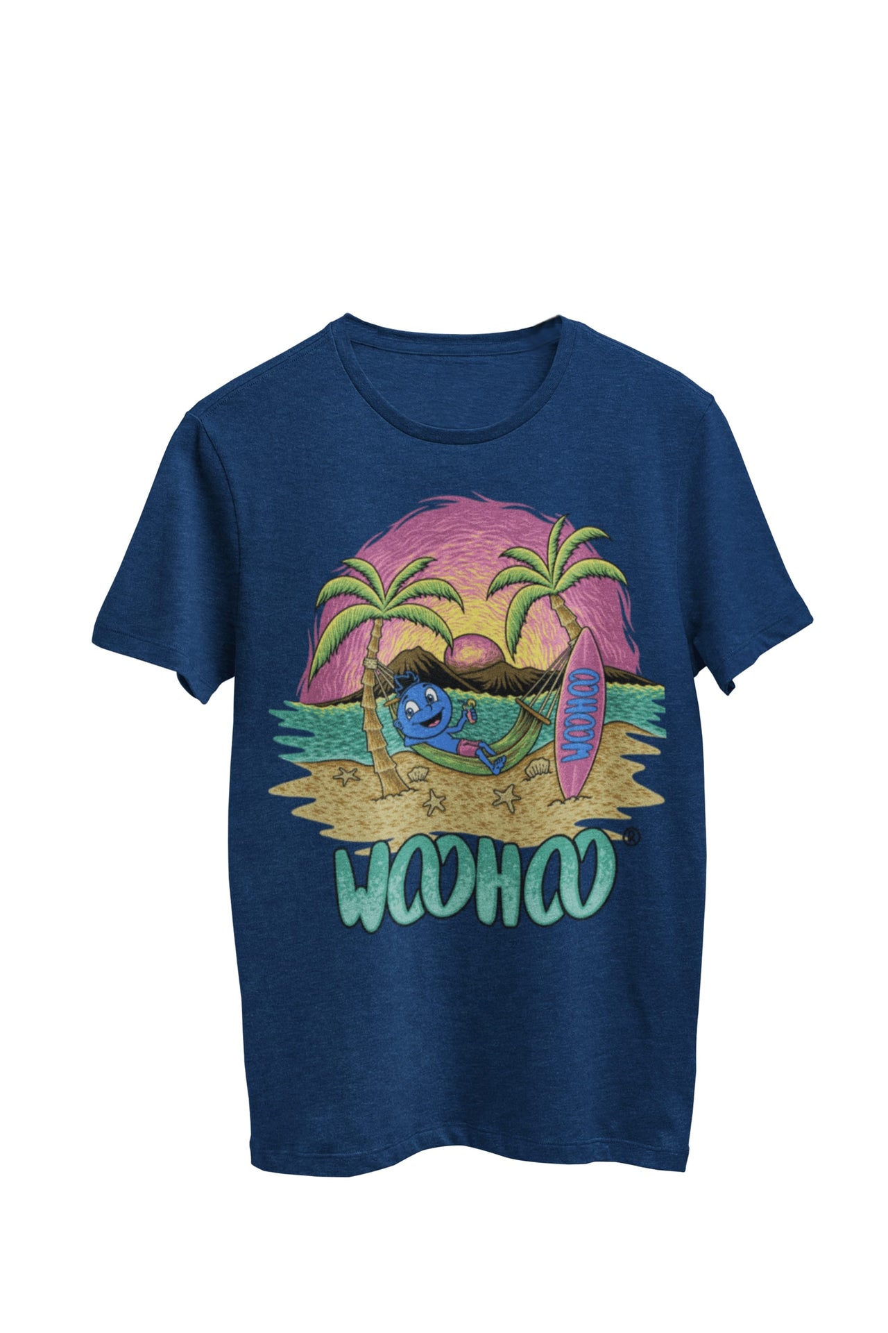 WooHooBerry embracing a relaxed beach moment, lounging in a hammock as his surfboard stands ready in the sand, symbolizing the anticipation of a surf session. Their navy T-shirt boldly presents the text 'WooHoo,' embodying the outdoor sports enthusiasm and carefree vibe of the scene.