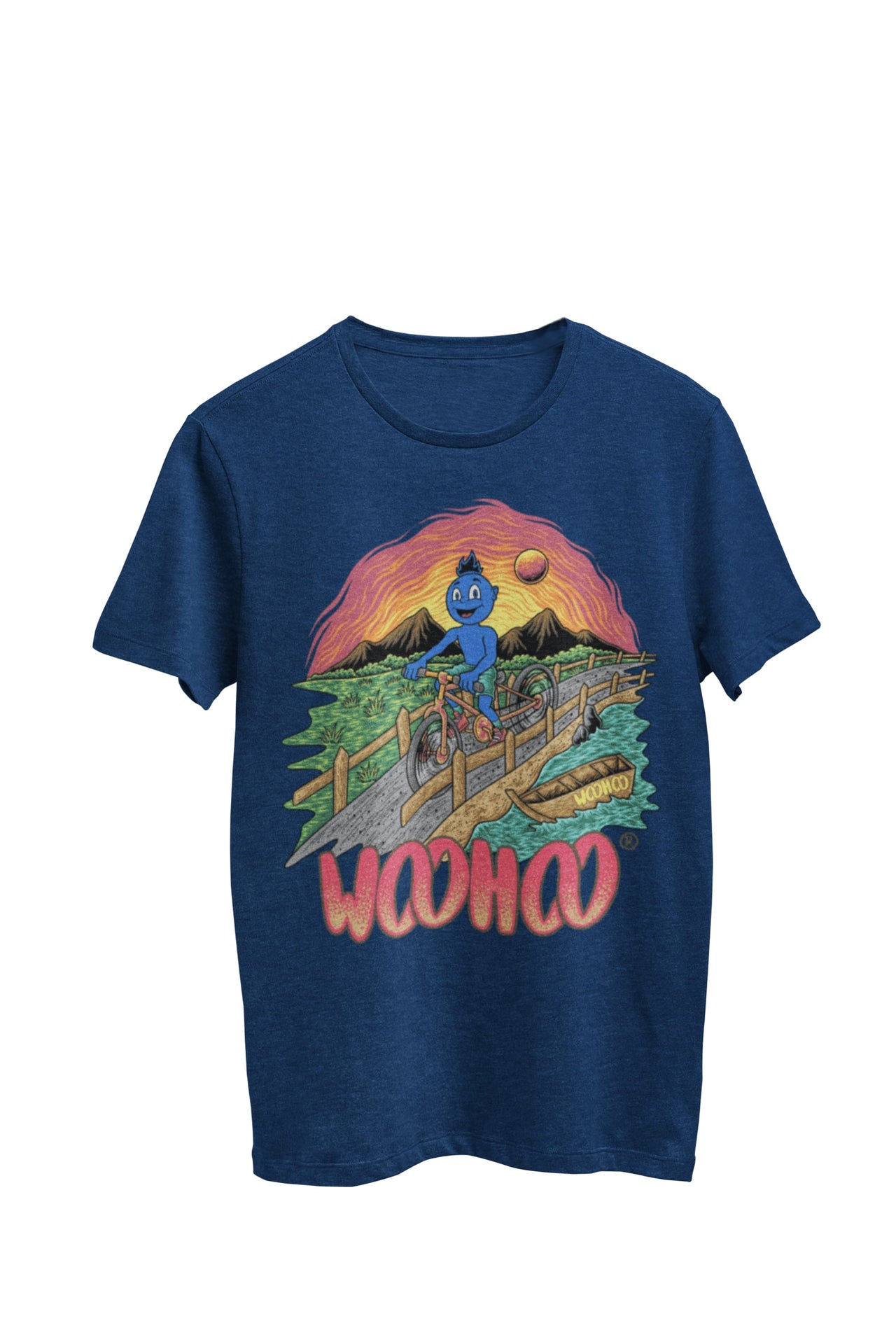 WooHooBerry casually cycling through a scenic natural landscape, embodying the relaxed and carefree essence of outdoor sports. This navy T-shirt proudly bears the text 'WooHoo,' adding a touch of spirited enjoyment to the leisurely activity