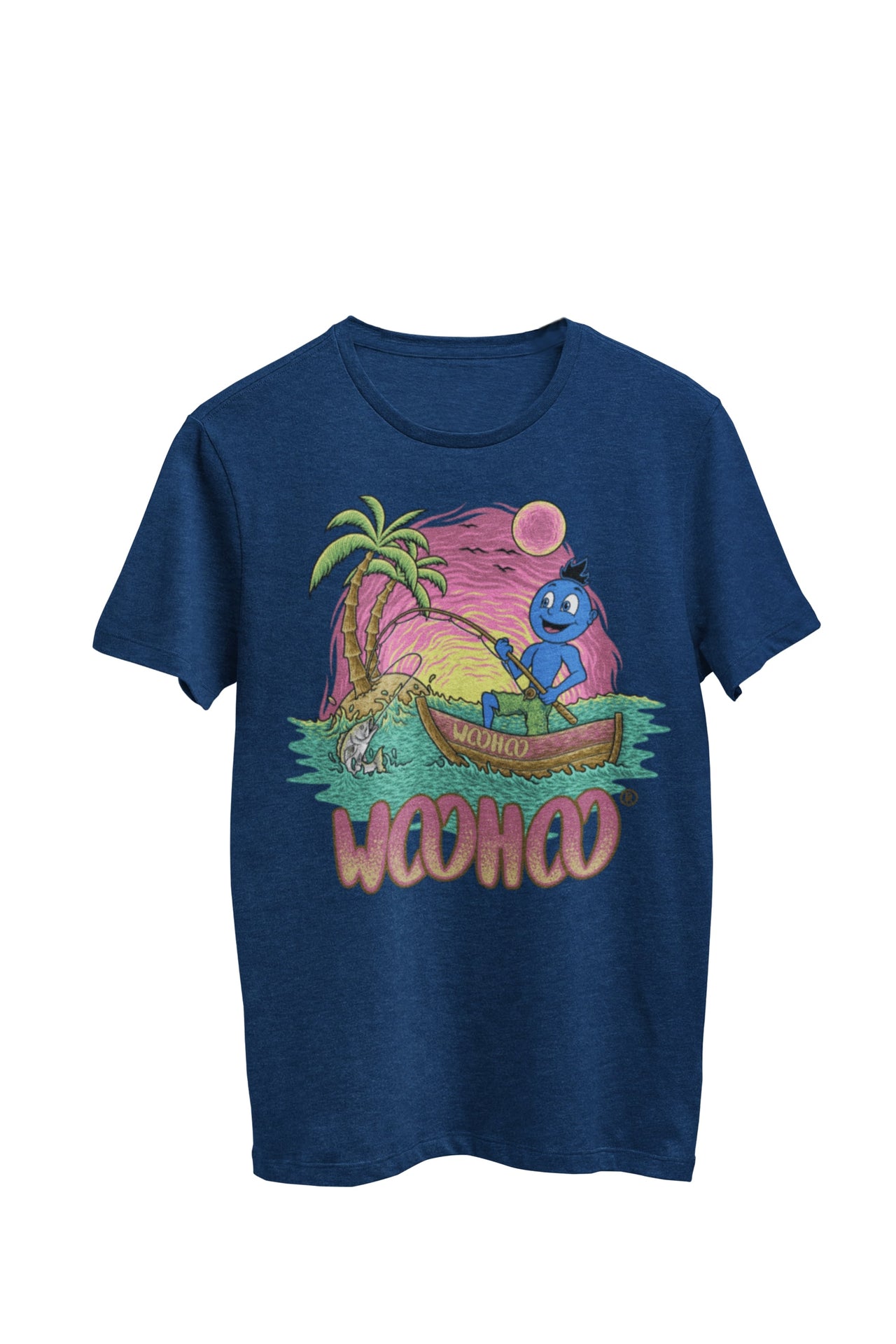 WooHooBerry immersed in the serene pursuit of fishing from a rowboat, an outdoor sporting endeavor. Their navy T-shirt proudly showcases the text 'WooHoo,' enhancing the peaceful and enjoyable nature of the scene."