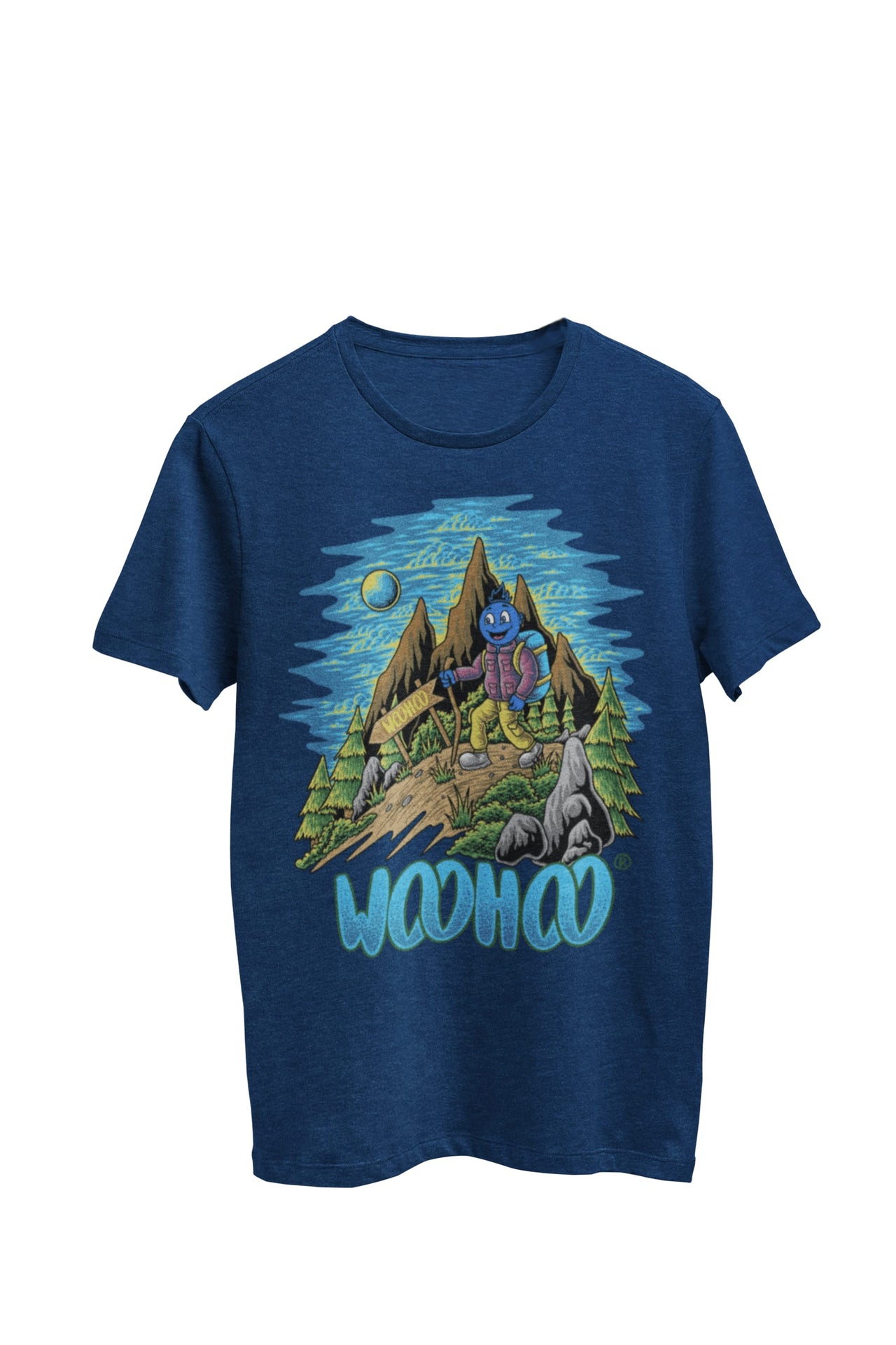 WooHooBerry relishing a winter hike through the natural landscape, outfitted in cozy winter attire while participating in outdoor sports. This navy T-shirt proudly bears the text 'WooHoo,' encapsulating the exhilaration of the seasonal adventure.