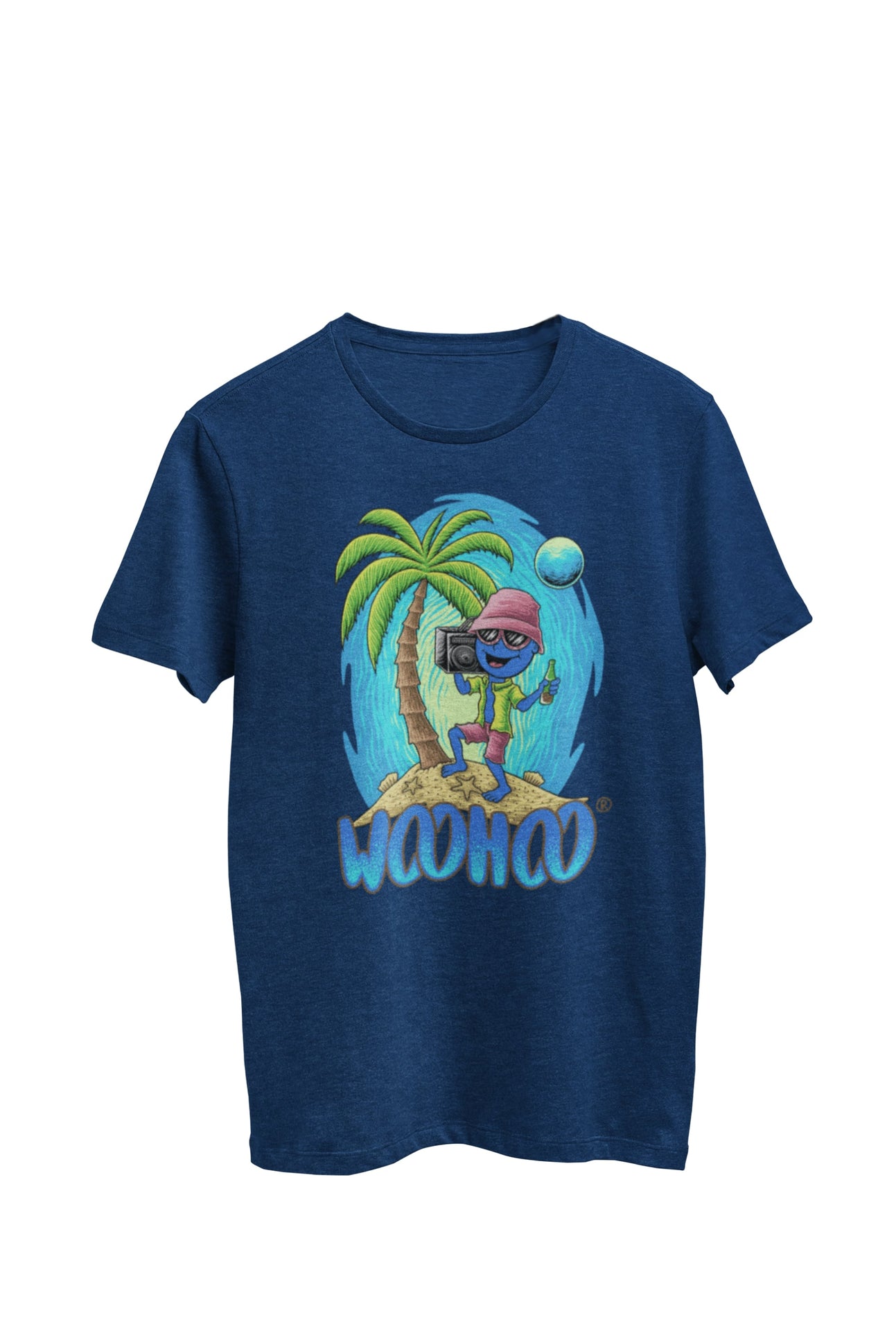 WooHooBerry embracing a Jamaican-inspired ensemble, dancing with a music box on a tropical island during an outdoor activity. Their navy T-shirt proudly features the text 'WooHoo,' adding to the vibrant and festive atmosphere.