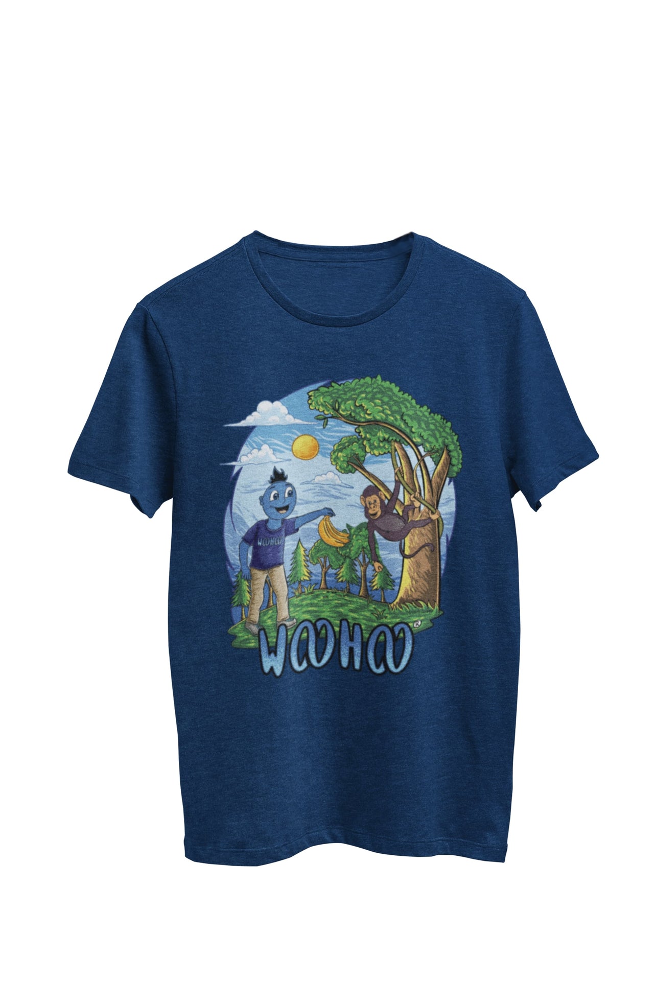 WooHooBerry, immersed in a jungle setting, merrily sharing bananas with a playful monkey perched in a tree. The navy T-shirt boasts an artistic 'WooHoo' text, perfectly blending with the adventurous and lighthearted ambiance of the scene.