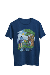 Thumbnail for WooHooBerry, immersed in a jungle setting, merrily sharing bananas with a playful monkey perched in a tree. The navy T-shirt boasts an artistic 'WooHoo' text, perfectly blending with the adventurous and lighthearted ambiance of the scene.