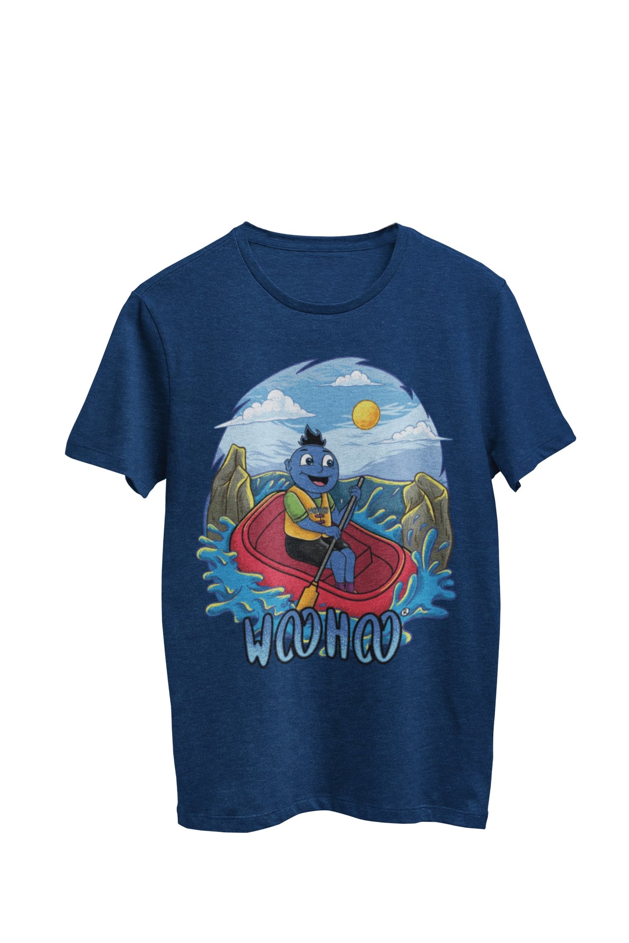 WooHooBerry fearlessly navigating through rapid currents while river rafting, the navy T-shirt adorned with a bold and artistic 'WooHoo.' Capturing the adrenaline and excitement of the outdoor adventure