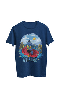 Thumbnail for WooHooBerry fearlessly navigating through rapid currents while river rafting, the navy T-shirt adorned with a bold and artistic 'WooHoo.' Capturing the adrenaline and excitement of the outdoor adventure