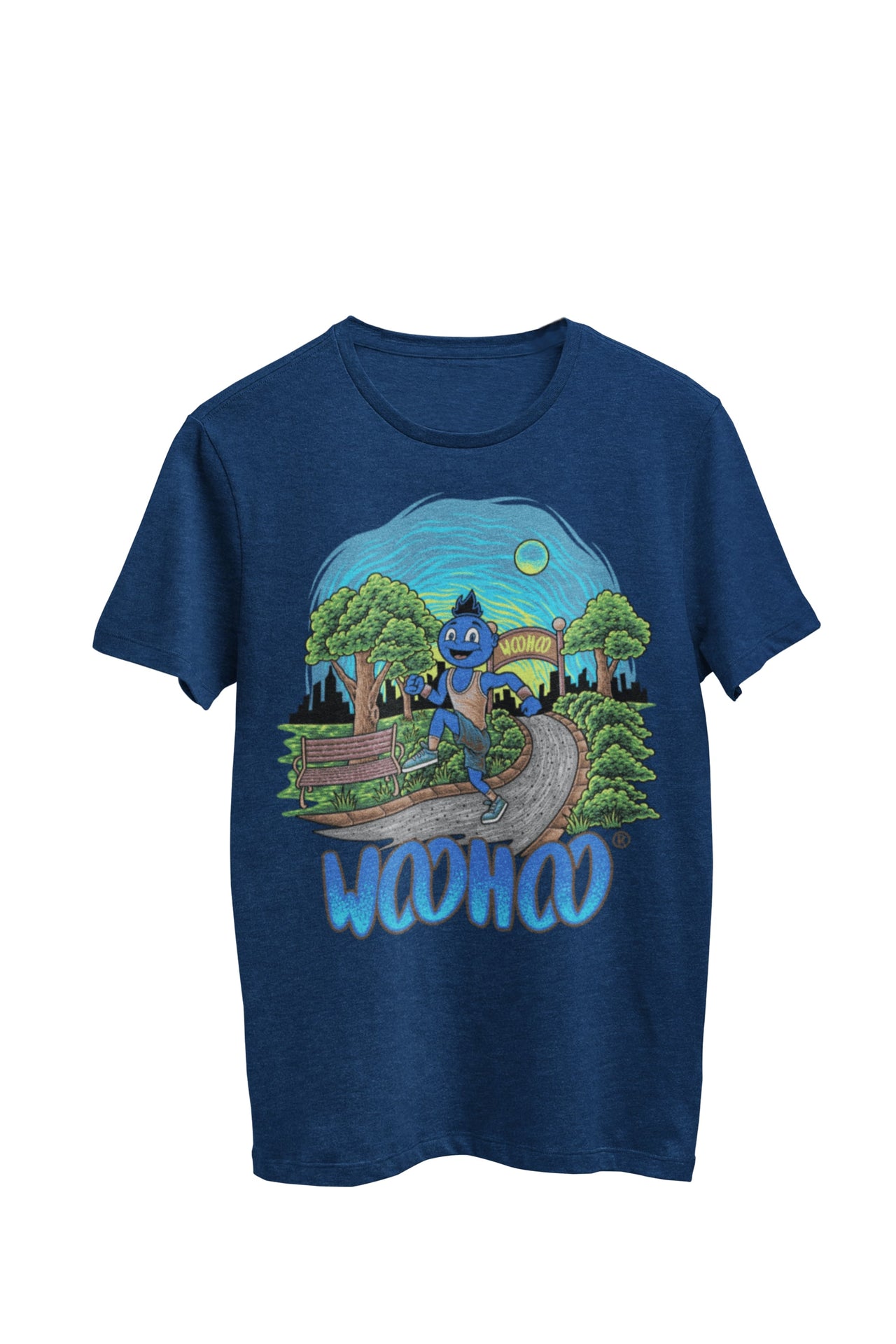WooHooBerry exuberantly running through the beauty of nature during an outdoor sports activity, adorned in a navy T-shirt featuring the spirited text 'WooHoo.' Embracing the joy of the moment and the outdoors.