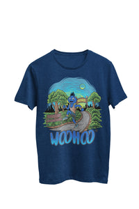 Thumbnail for WooHooBerry exuberantly running through the beauty of nature during an outdoor sports activity, adorned in a navy T-shirt featuring the spirited text 'WooHoo.' Embracing the joy of the moment and the outdoors.