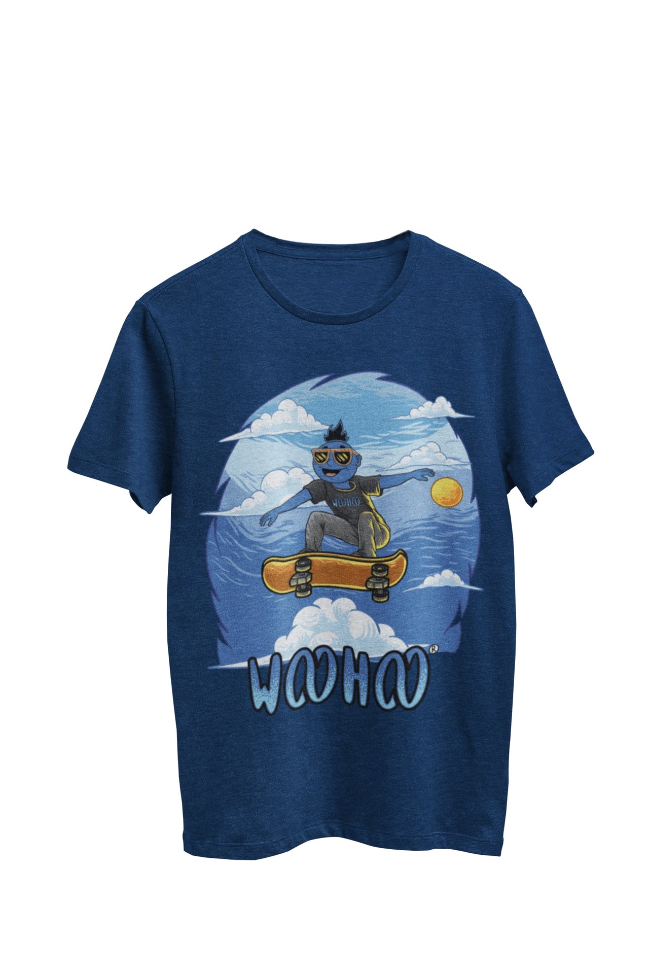 WooHooBerry soaring through the sky on a skateboard, exuding a sense of freedom and adventure. Sporting sunglasses and a navy T-shirt adorned with an artistic 'WooHoo' text, the scene captures the carefree spirit of outdoor fun