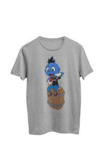 Thumbnail for WooHooBerry elegantly pouring wine from a bottle atop a wine barrel, attired in a black WooHoo T-shirt. A tasteful moment encapsulating wine enjoyment and stylish comfort. The tee is gray.