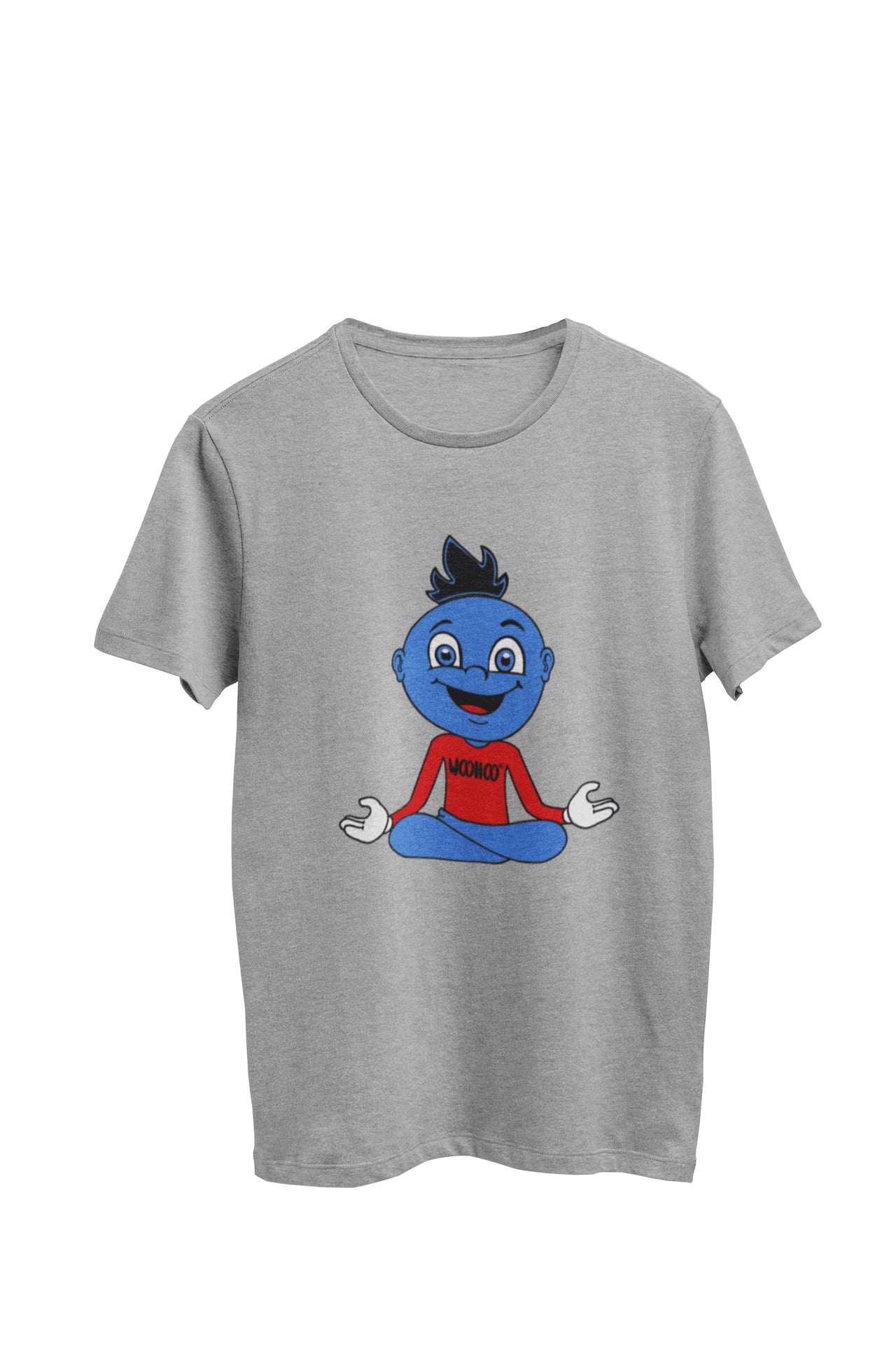 WooHooBerry seated in a crossed-legged yoga pose, exuding tranquility and balance, while wearing a red T-shirt that proudly displays 'WooHoo.' The gray T-shirt captures the serene yet vibrant atmosphere of the moment.