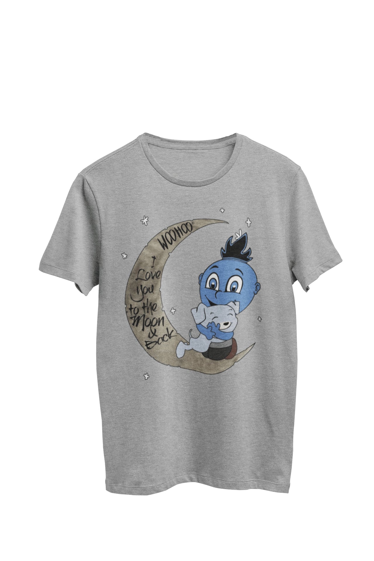WooHooBerry and a lovable dog sharing a heartwarming hug, nestled within a crescent moon shape. The moon itself carries the sentiment 'WooHoo I love you to the moon and back.' The gray T-shirt elegantly harmonizes with the touching and affectionate atmosphere of the moment