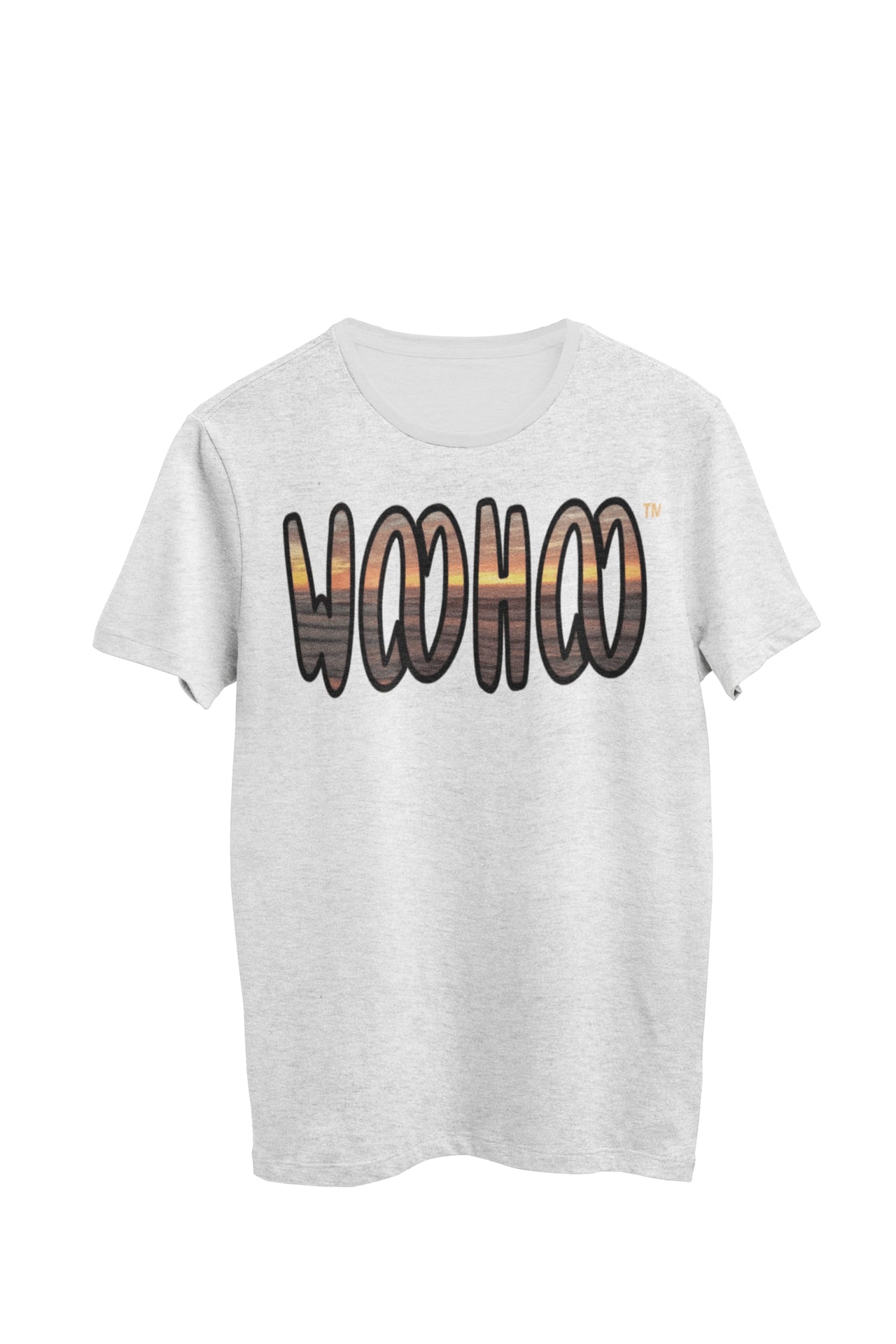 Heather gray unisex t-shirt designed by WooHoo Apparel. The design features a larger 'woohoo' font with a photo of the sunset look inside the outline.