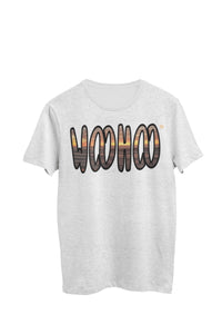 Thumbnail for Heather gray unisex t-shirt designed by WooHoo Apparel. The design features a larger 'woohoo' font with a photo of the sunset look inside the outline.