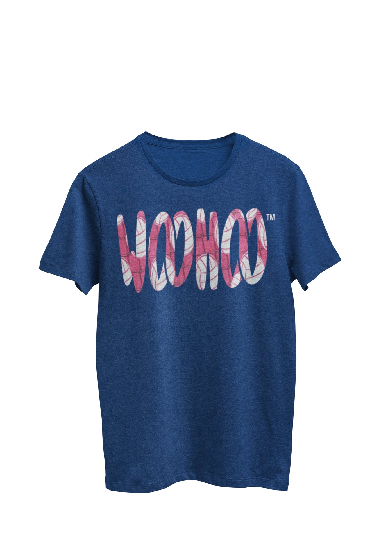 Heather navy unisex t-shirt designed by WooHoo Apparel.  The design features a larger 'woohoo' font with volleyball print inside the outline.