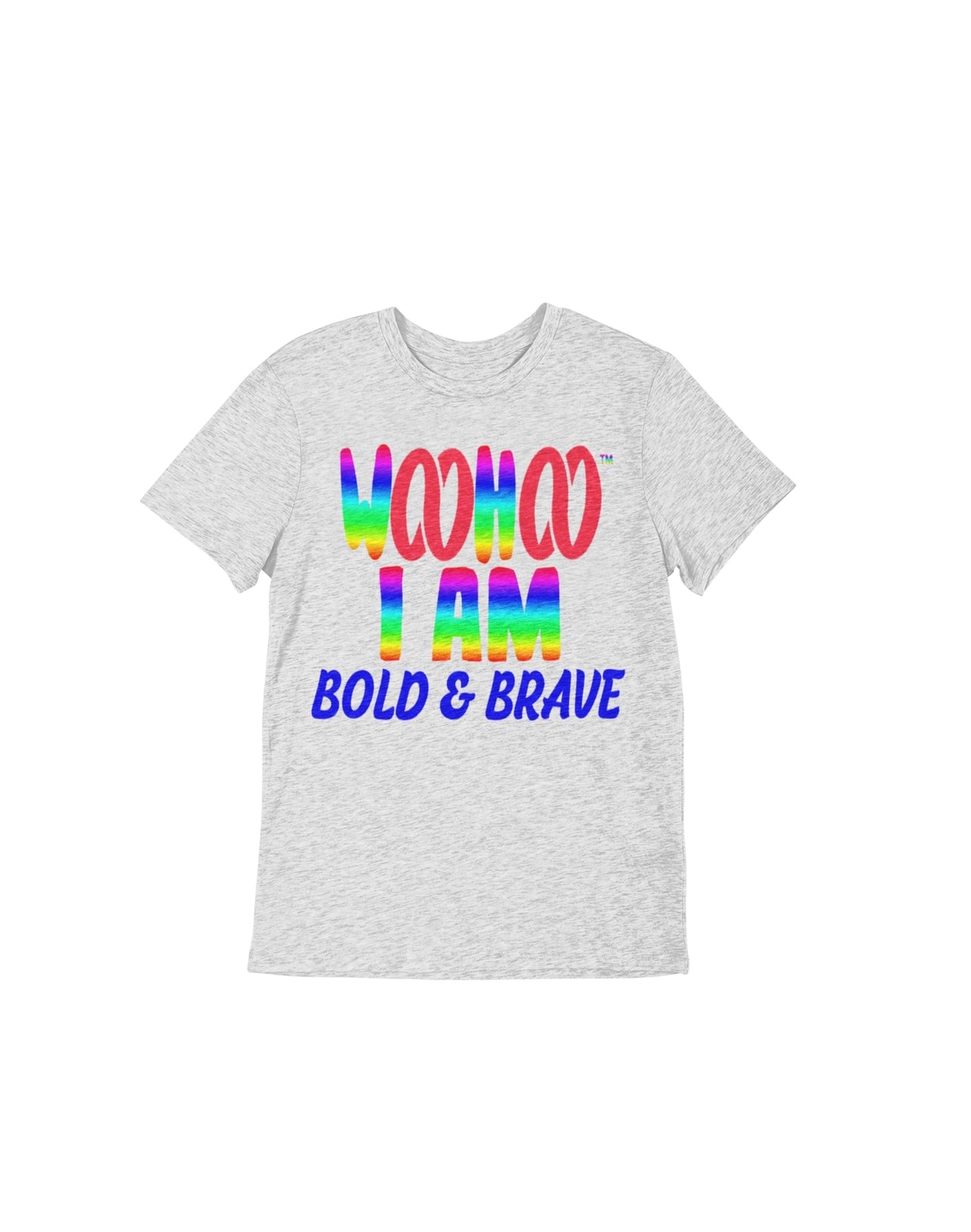 A heather gray unisex t-shirt designed by WooHoo Apparel.  The t-shirt features the text 'woohoo, "I am bold and brave" in cool-looking fonts, with the double 'oo' in 'woohoo' represented by a red double infinity symbol
