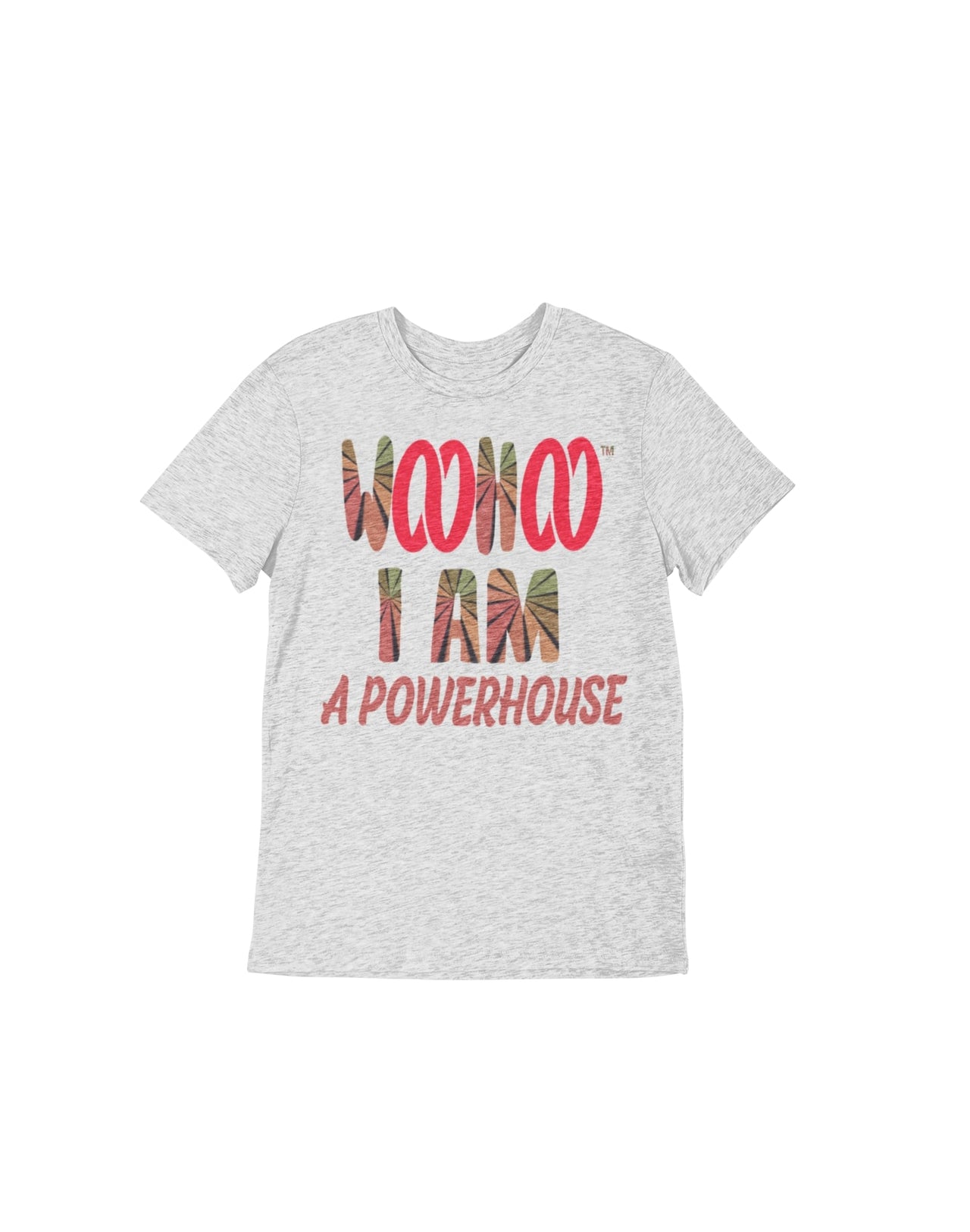 Heather Gray Unisex T-shirt featuring the text 'WooHoo I Am a Powerhouse' in a cool font, designed by WooHoo Apparel.