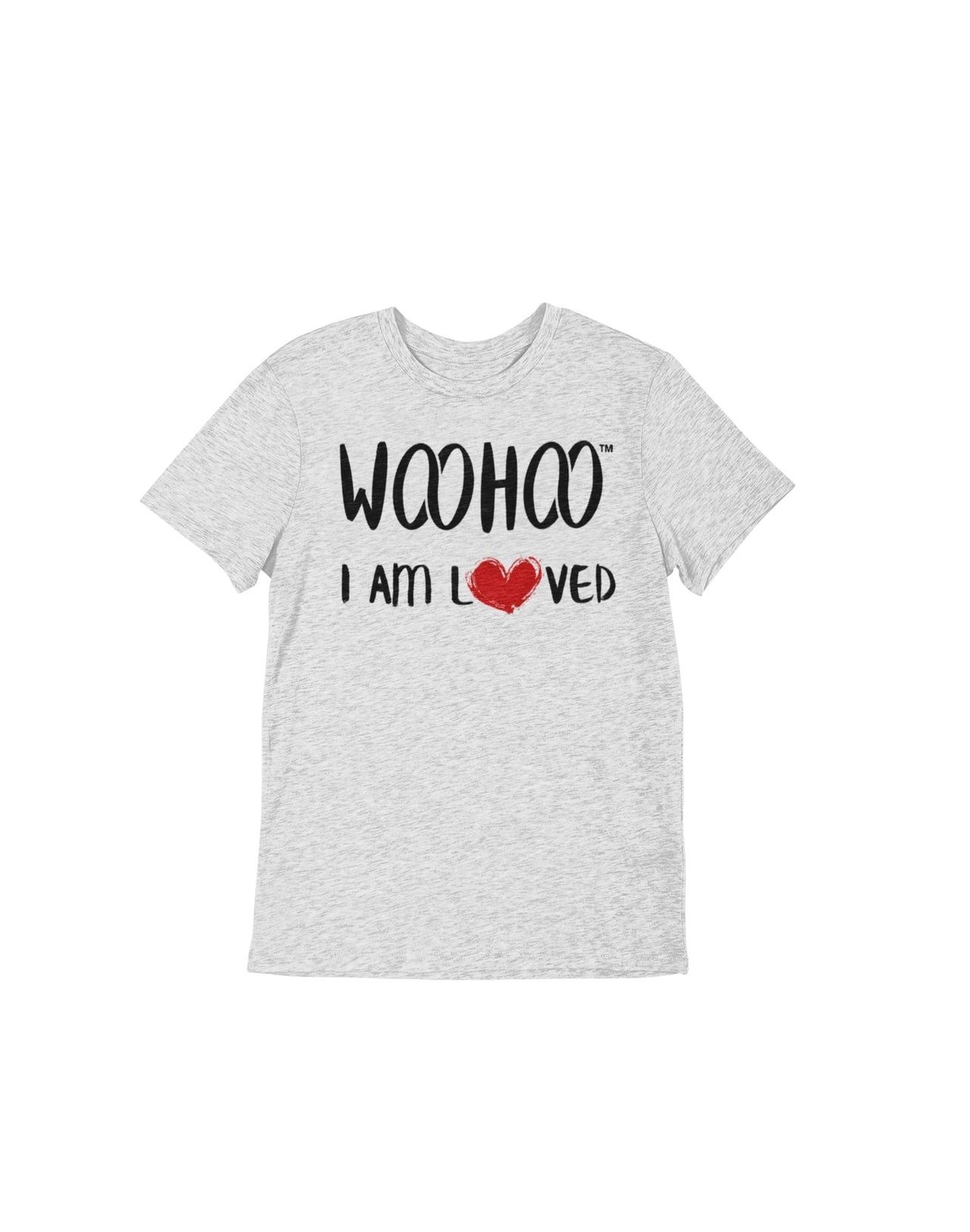 Heather Gray Unisex T-shirt with the text 'WooHoo I Am Loved,' featuring a heart for the 'O' in 'loved.' Designed by WooHoo Apparel.