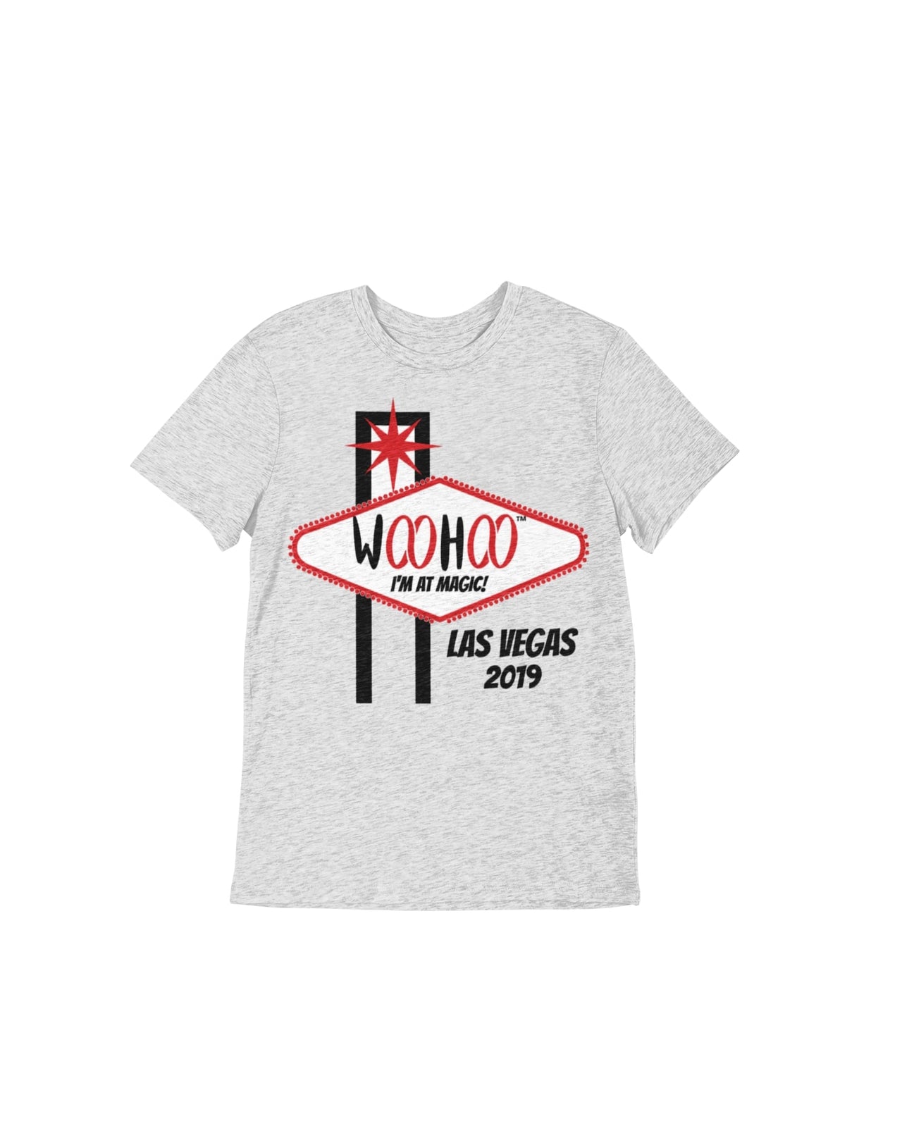 Heather Gray Unisex T-shirt featuring the Las Vegas sign with the text 'WooHoo is magic.' Designed by WooHoo Apparel."