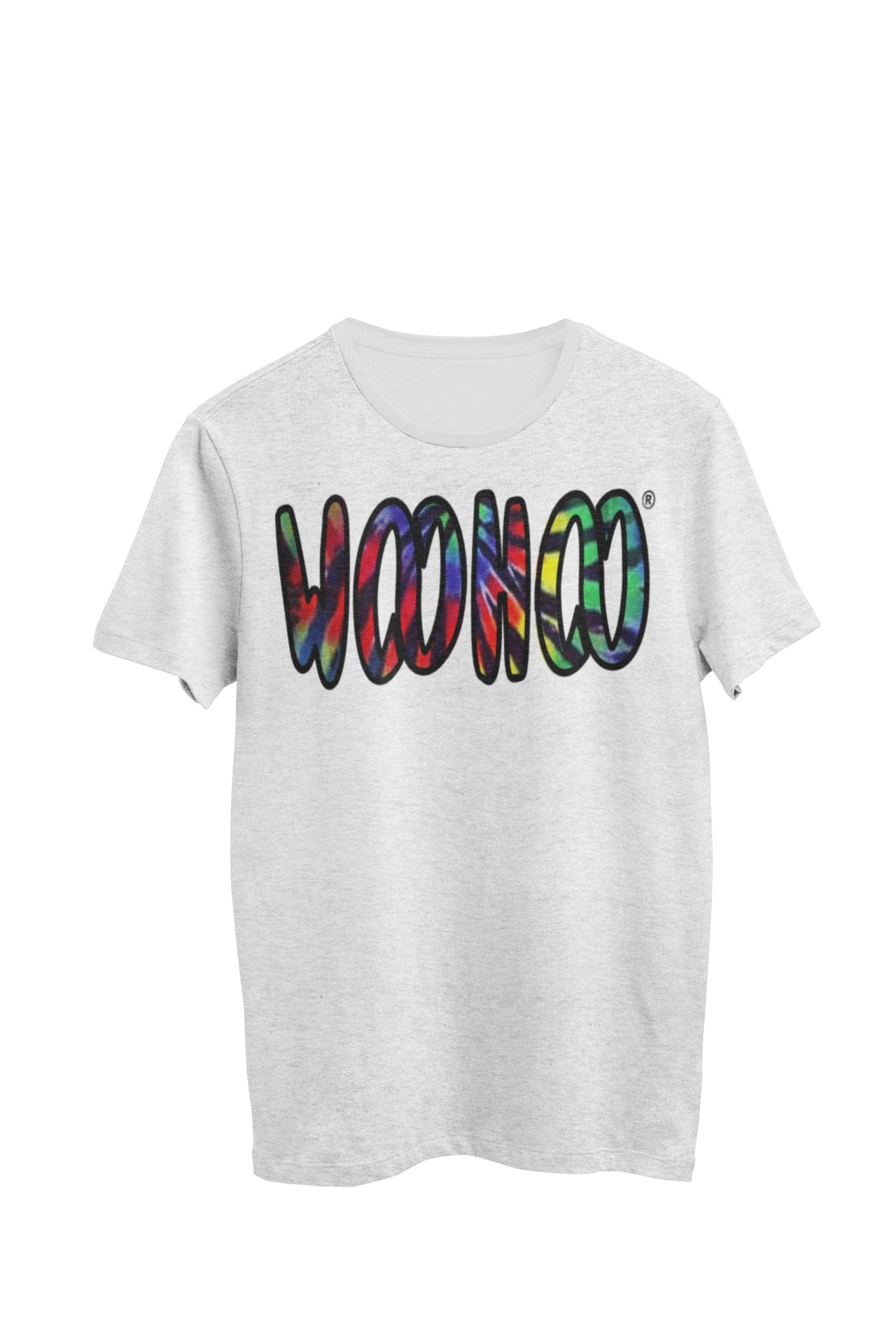 Heather gray unisex t-shirt designed by WooHoo Apparel.  The design features a larger 'woohoo' font with tie-dye inside the outline, called Bold Energy.
