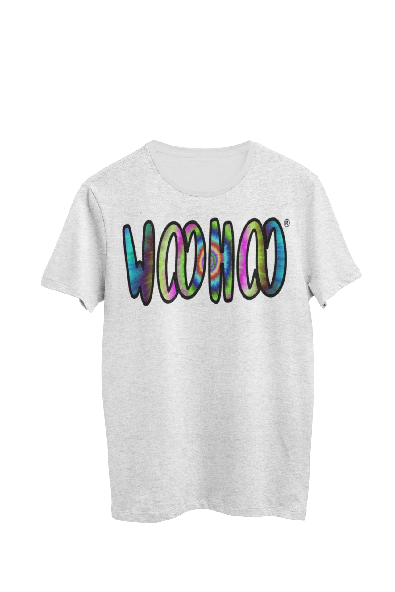 Heather gray unisex t-shirt designed by WooHoo Apparel. The design features a larger 'woohoo' font with tie-dye inside the outline, called bullseye.