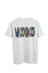 Thumbnail for Heather gray unisex t-shirt designed by WooHoo Apparel. The design features a larger 'woohoo' font with tie-dye inside the outline, called bullseye.