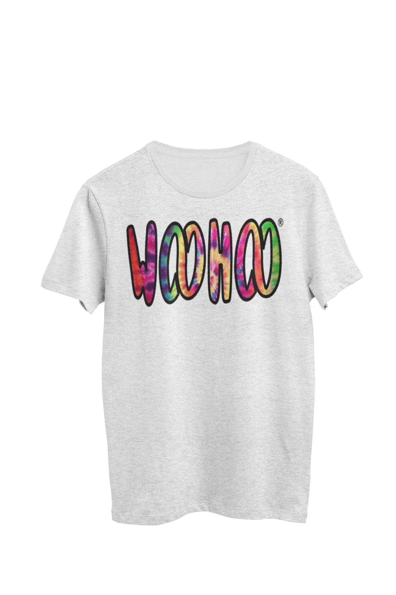 Heather gray unisex t-shirt designed by WooHoo Apparel. The design features a larger 'woohoo' font with tie-dye inside the outline, called energy spiral.