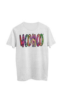 Thumbnail for Heather gray unisex t-shirt designed by WooHoo Apparel. The design features a larger 'woohoo' font with tie-dye inside the outline, called energy spiral.