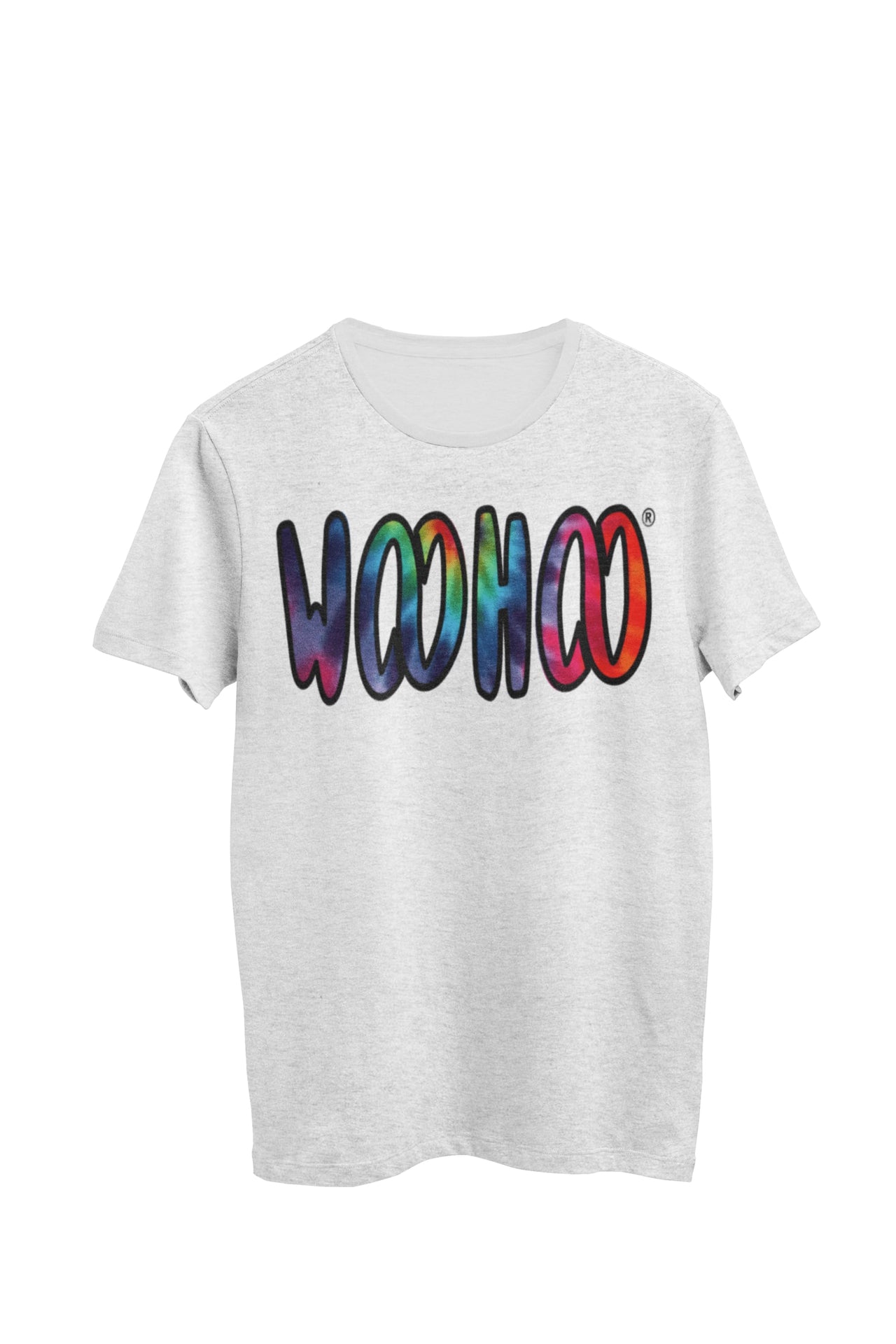 Heather gray unisex t-shirt designed by WooHoo Apparel. The design features a larger 'woohoo' font with tie-dye inside the outline, called Illusion.