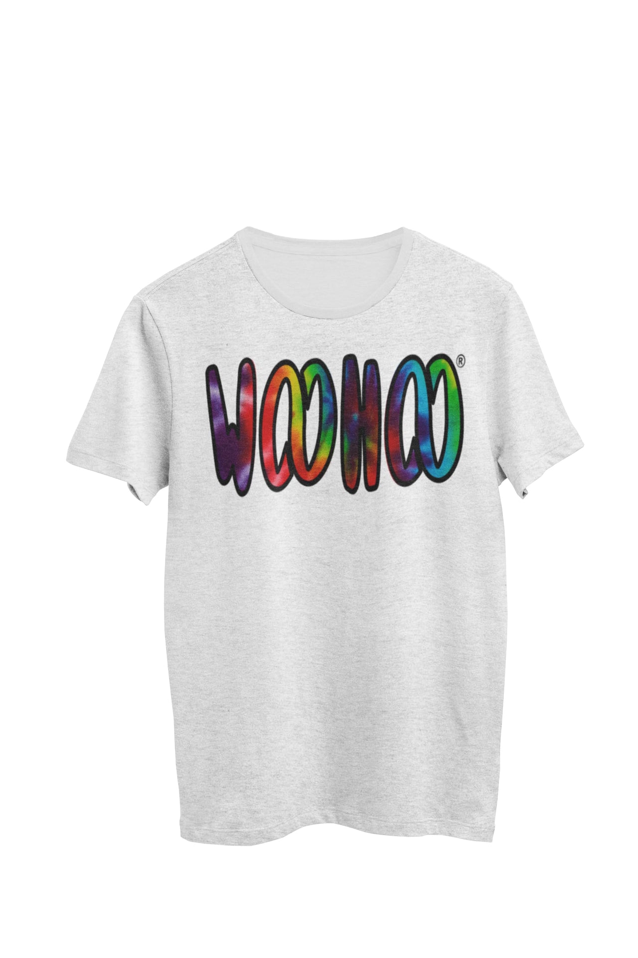 Heather gray unisex t-shirt by WooHoo Apparel.  The design features a larger 'woohoo' font with tie-dye inside the outline, called Prism