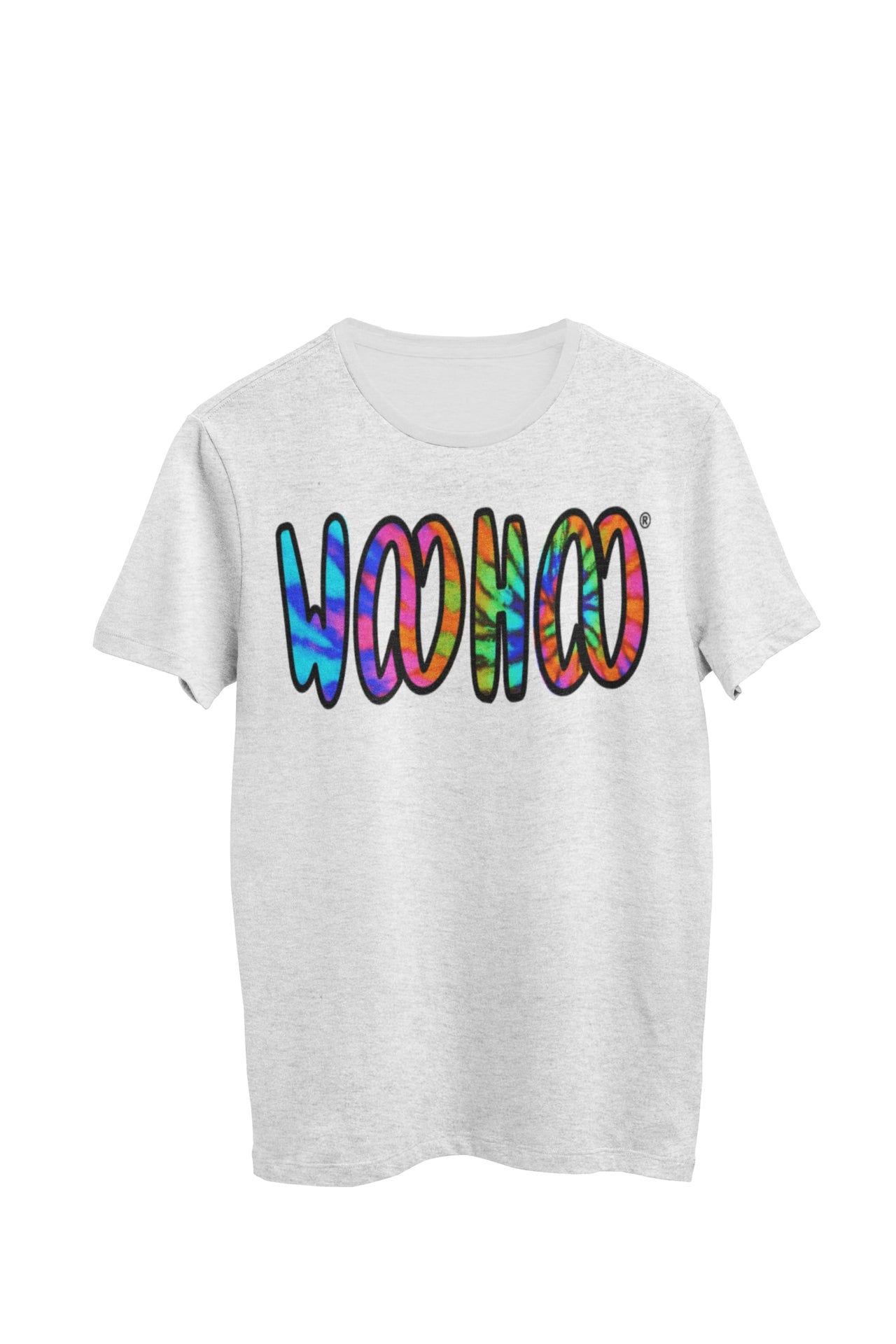 Heather gray unisex t-shirt designed by WooHoo Apparel. The design features a larger 'woohoo' font with tie-dye inside the outline, called Tigerclaw.