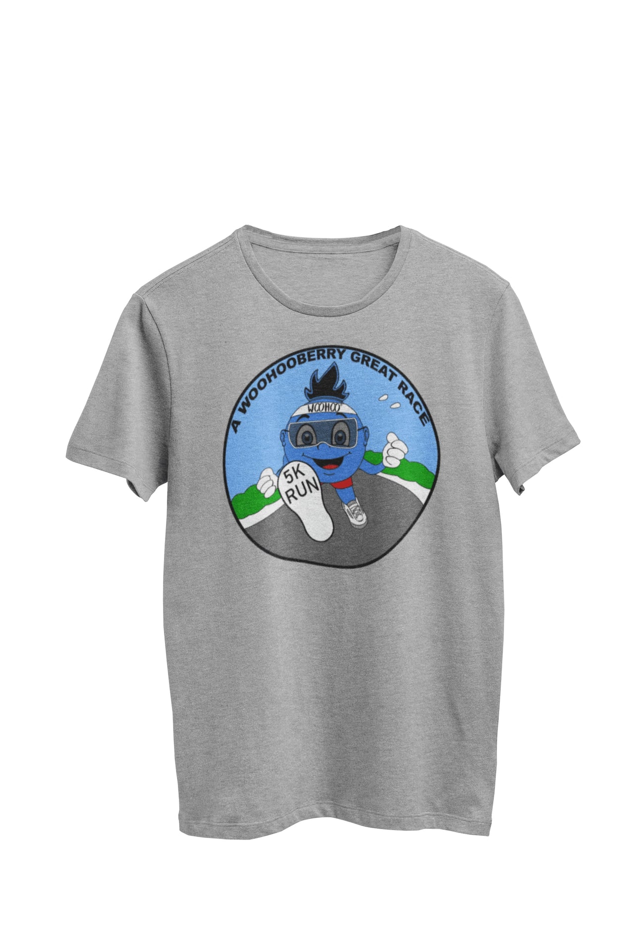WooHooBerry participating in a 5K race, tee says 'A WooHooBerry Great Race' with '5K' and sporting a sweatband that reads'WooHoo' inscribed. The gray T-shirt contributes to the energetic and determined vibe of the event.
