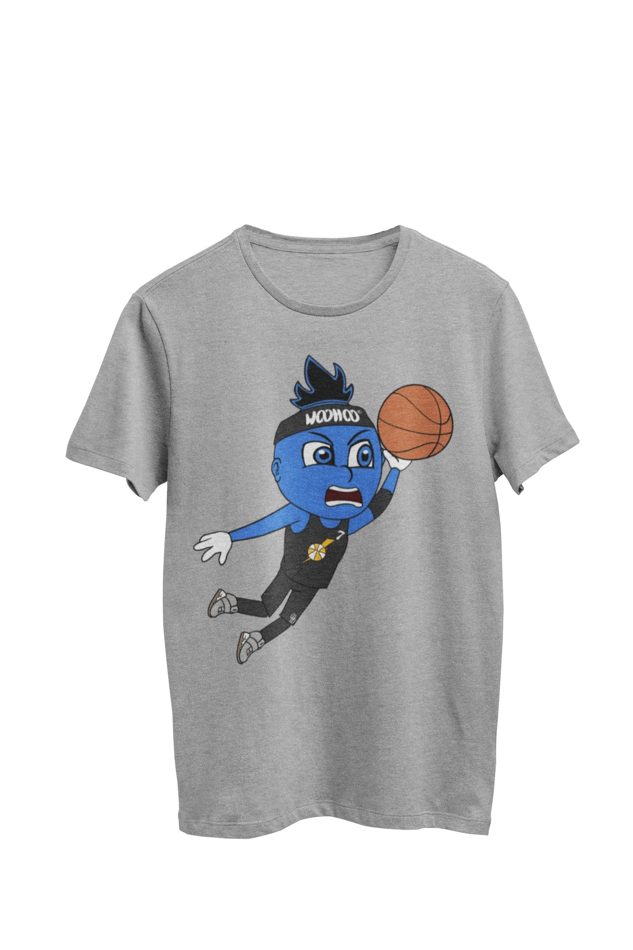WooHooBerry executing an impressive slam dunk in mid-air while donning a black basketball uniform, on a gray T-shirt, and a sweatband featuring the text 'WooHoo.' A dynamic sports moment captured with enthusiasm and skill.