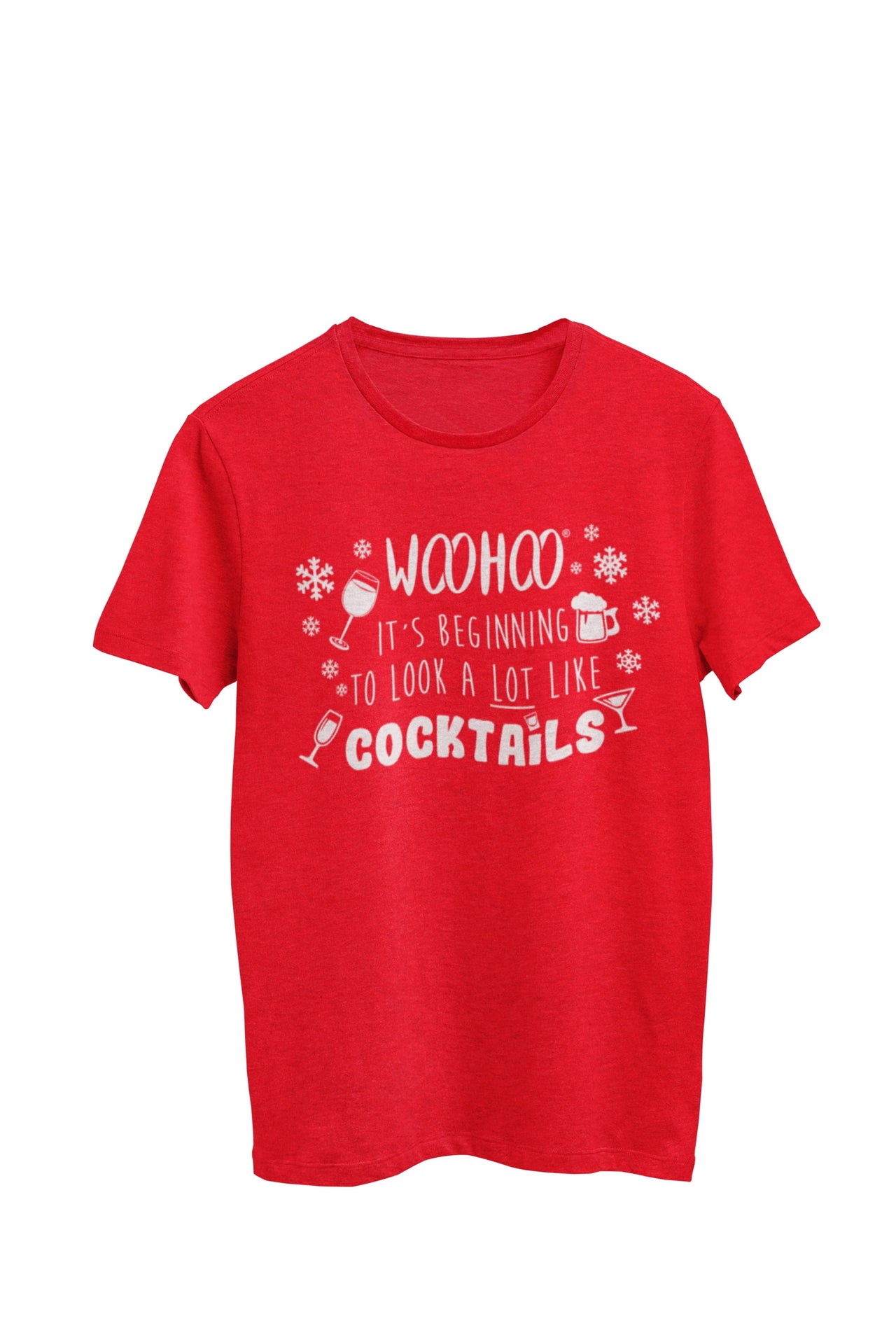 Red Heather Unisex T-shirt featuring the text 'WooHoo It's beginning to look a lot like Cocktails,' accompanied by various cocktail glasses. Designed by WooHoo Apparel.