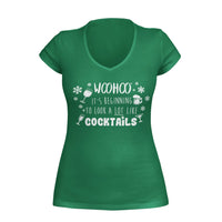 Thumbnail for Green VNeck T-shirt featuring the text 'WooHoo It's beginning to look a lot like Cocktails,' accompanied by various cocktail glasses. Designed by WooHoo Apparel.