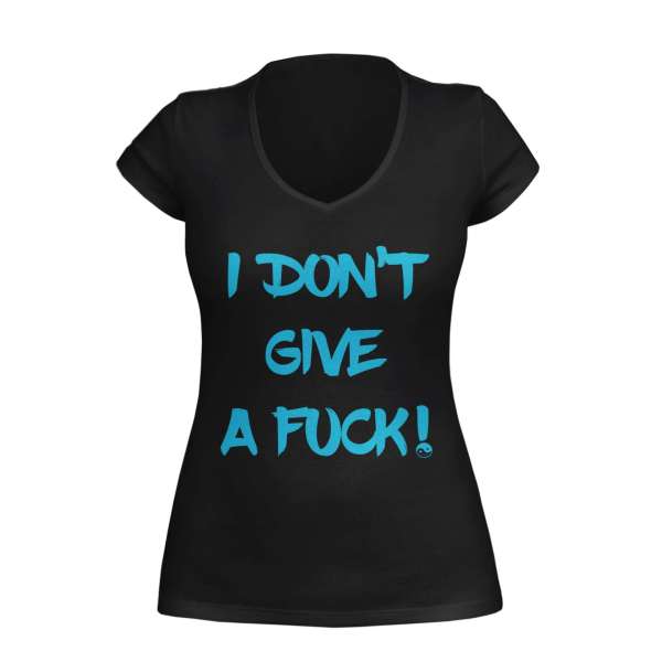 Navy VNeck T-shirt featuring the bold statement 'I don't give a fuck'. Designed by WooHoo Apparel