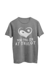 Thumbnail for Heather Gray Unisex T-Shirt with heart yin yang symbol and text 'you had me at merlot,' by WooHoo Apparel.