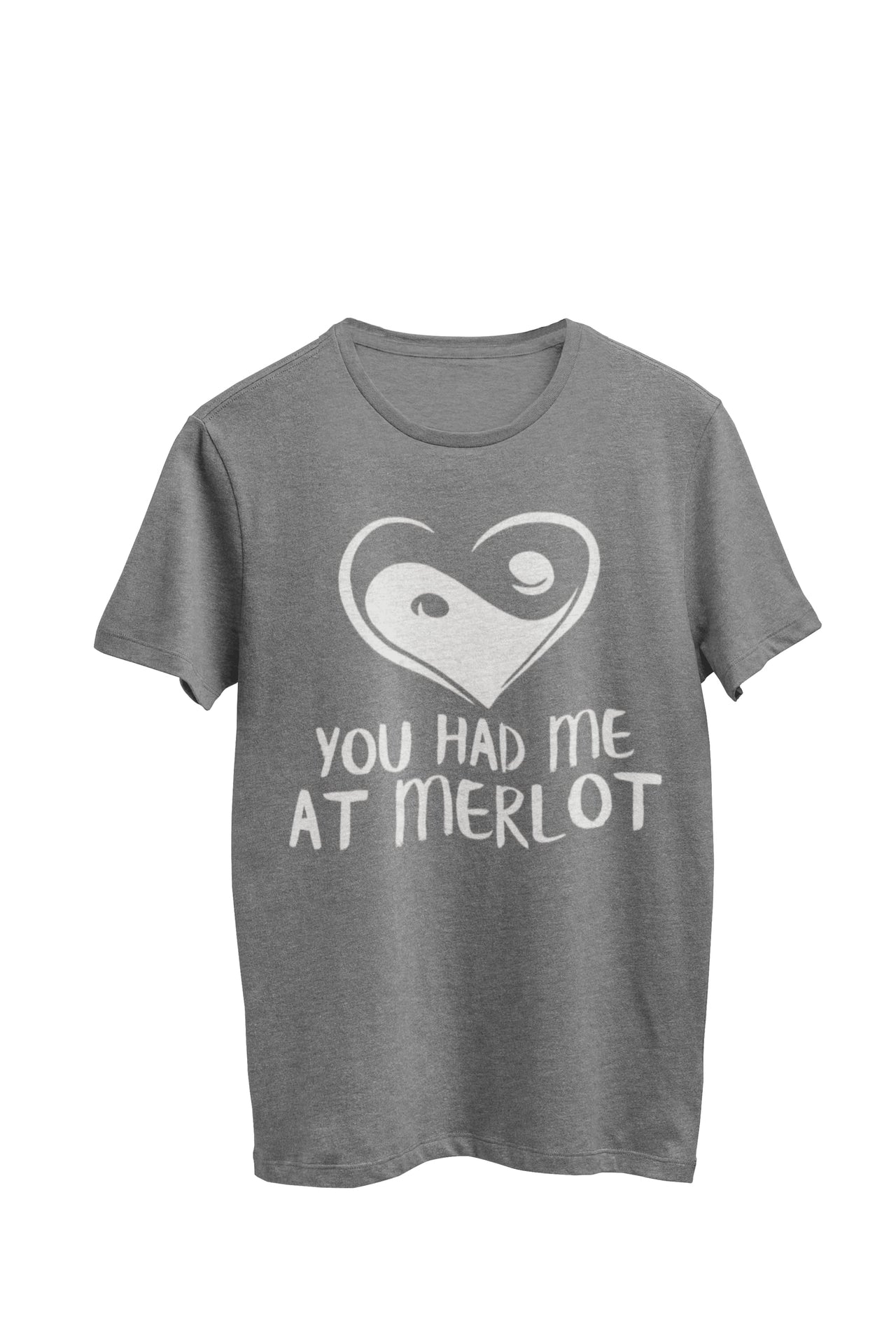 Heather Gray Unisex T-Shirt with heart yin yang symbol and text 'you had me at merlot,' by WooHoo Apparel."
