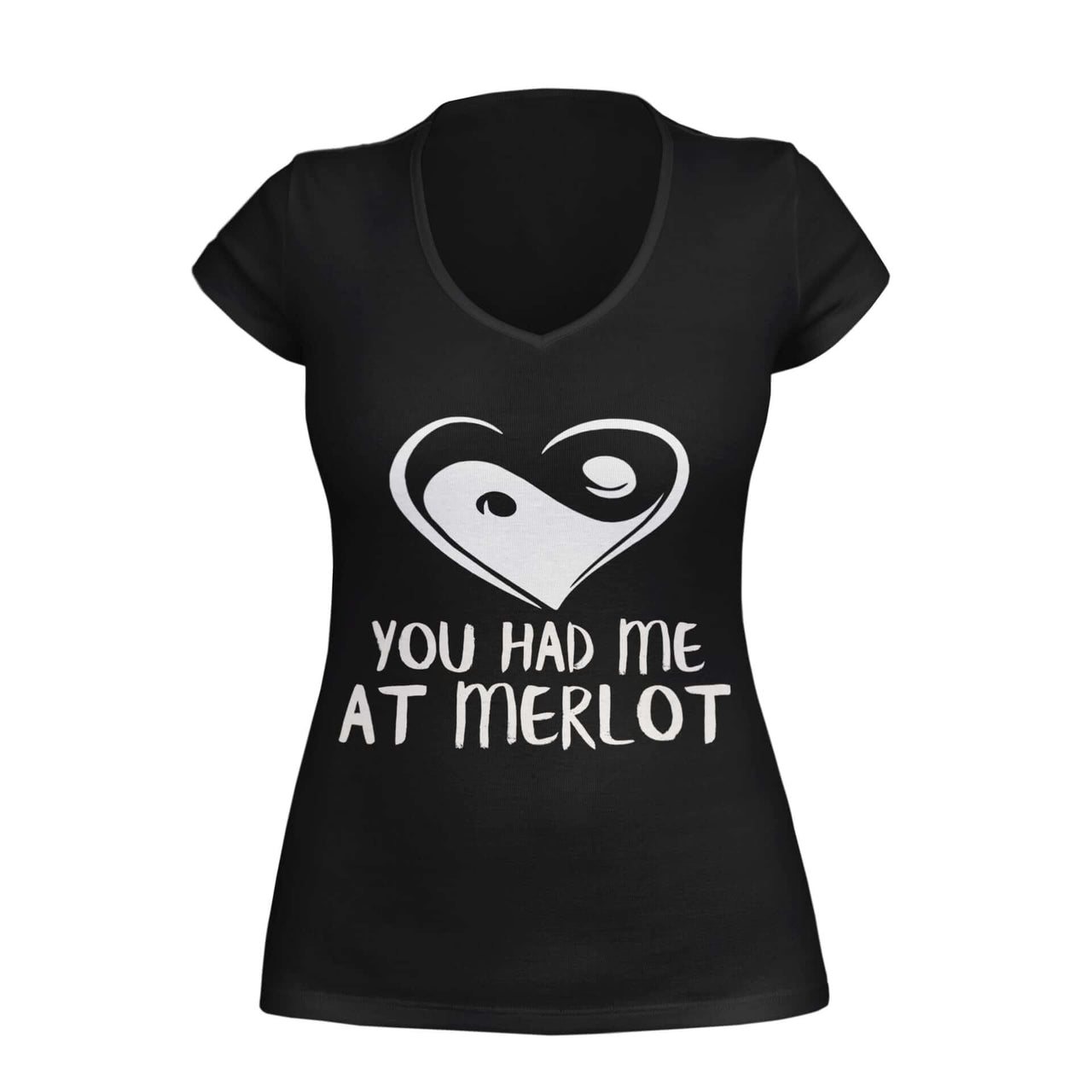 Black VNeck T-Shirt with heart yin yang symbol and text 'you had me at merlot,' designed by WooHoo Apparel."