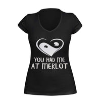 Thumbnail for Black VNeck T-Shirt with heart yin yang symbol and text 'you had me at merlot,' designed by WooHoo Apparel.