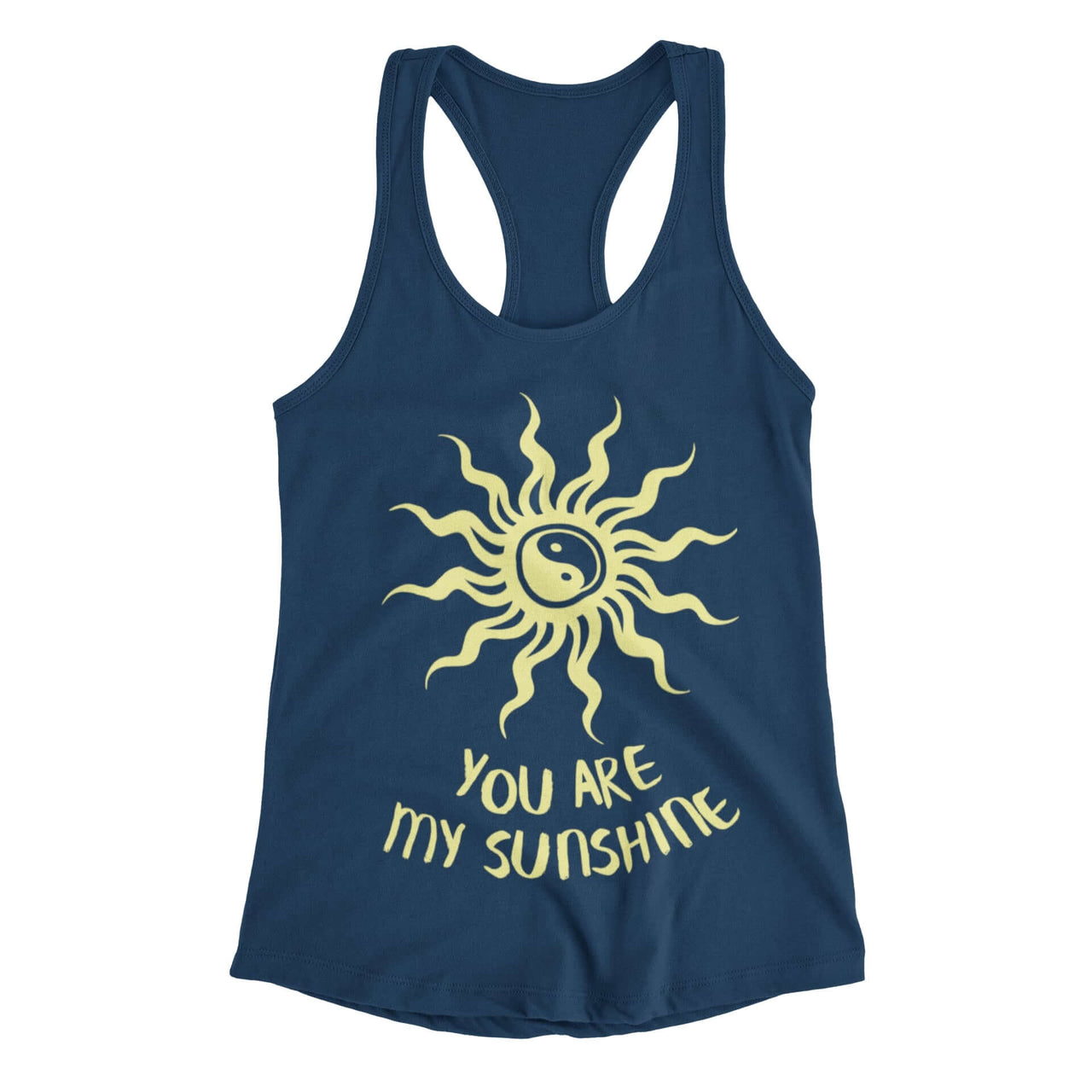 Navy Racerback featuring a Yin Yang sun with bold rays and the text 'You are my sunshine', designed by WooHoo Apparel.