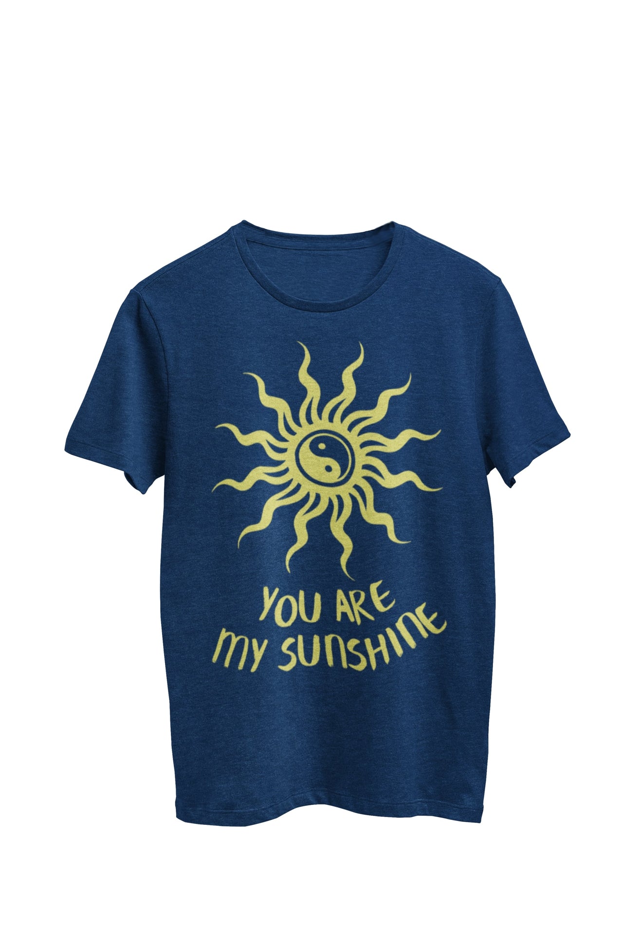 Navy Heather Unisex Tee featuring a Yin Yang sun with bold rays and the text 'You are my sunshine', designed by WooHoo Apparel.
