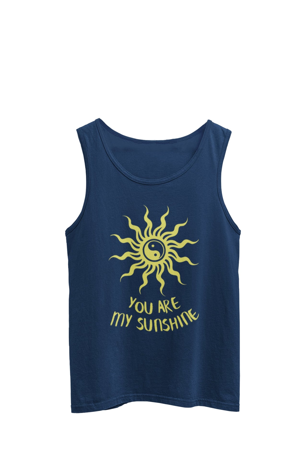 Navy Tank Top featuring a Yin Yang sun with bold rays and the text 'You are my sunshine', designed by WooHoo Apparel.