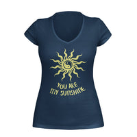 Thumbnail for Navy Womens VNeck featuring a Yin Yang sun with bold rays and the text 'You are my sunshine', designed by WooHoo Apparel.