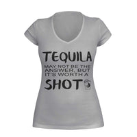 Thumbnail for Gray V-Neck T-shirt with text: 'Tequila may not be the answer, but it's worth a shot.' The design features a shot glass with a yin yang symbol, created by WooHoo Apparel. 