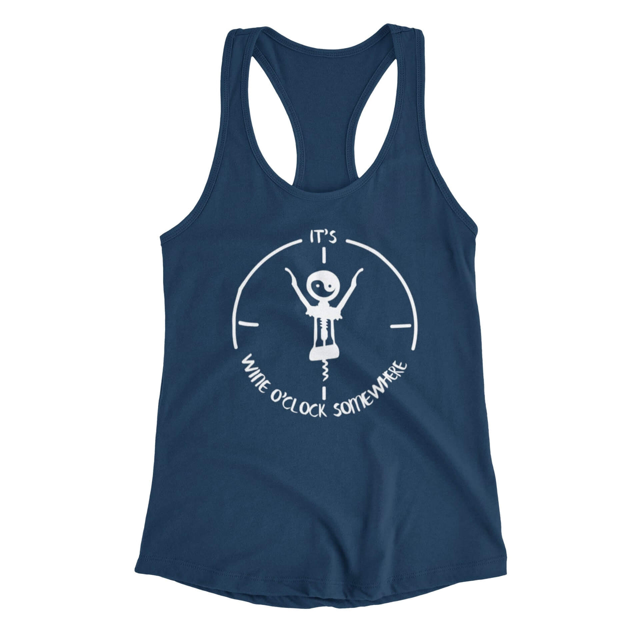 Navy  Racerback T-shirt featuring the text 'It's wine o'clock somewhere,' accompanied by an image of a wine cork as the hands of a clock, with a yin yang symbol on the face. Designed by WooHoo Apparel.