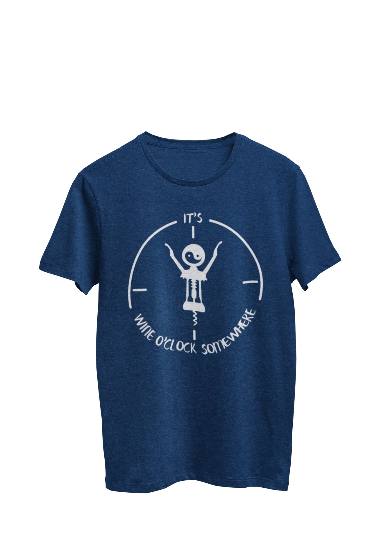 Navy Heather Unisex T-shirt featuring the text 'It's wine o'clock somewhere,' accompanied by an image of a wine cork as the hands of a clock, with a yin yang symbol on the face. Designed by WooHoo Apparel.