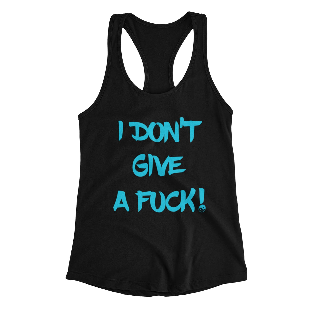 Navy Racerback tee featuring the bold statement 'I don't give a fuck'. Designed by WooHoo Apparel