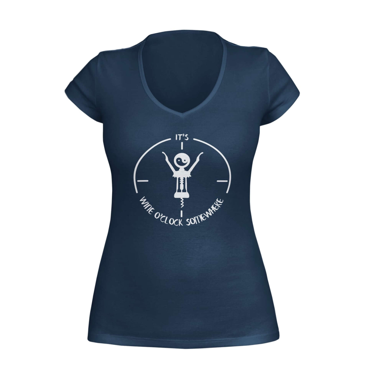 Navy VNeck T-shirt featuring the text 'It's wine o'clock somewhere,' accompanied by an image of a wine cork as the hands of a clock, with a yin yang symbol on the face. Designed by WooHoo Apparel.